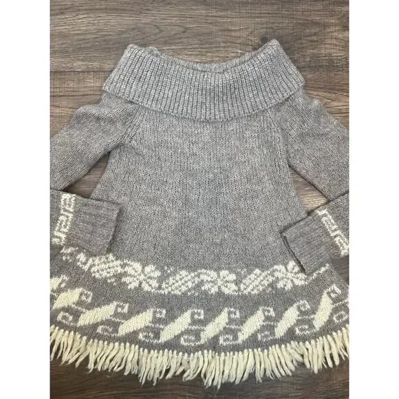 Free People Gray and Cream Knit Fringe Off-Shoulder Sweater - Picture 2 of 7